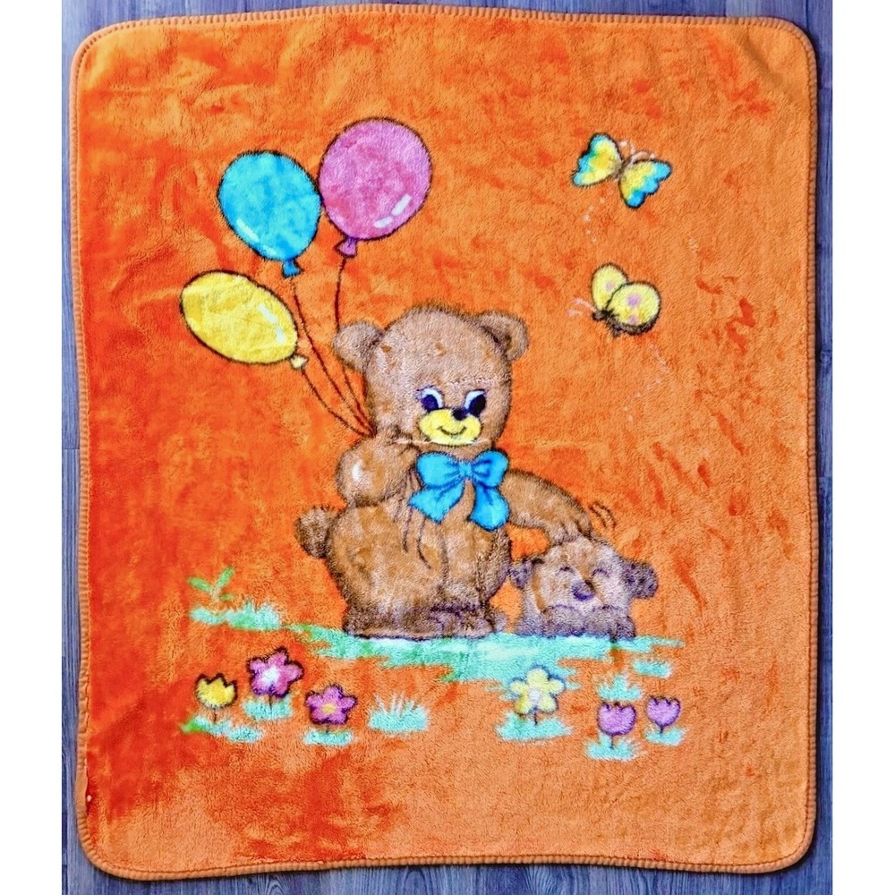 Vintage Teddy Bear Balloon Baby Blanket Orange Nursery Crib Lap Quilt Throw